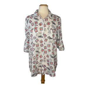 Karl Lagerfeld Paris Print Postage Stamp Roll Tab Sleeve Top Women‎ Size Large